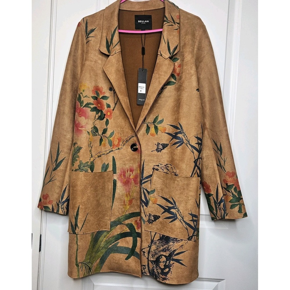 NWT Beulah Style Mid Length Faux Suede Blazer Painted Nature Botanical Size Med